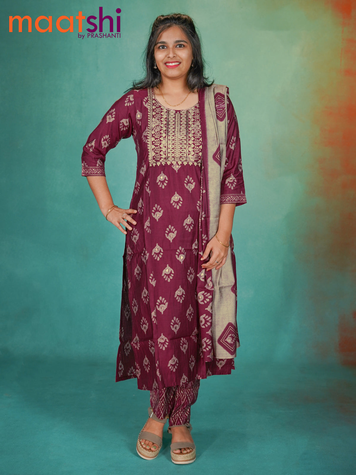 Modal readymade kurti set maroon with allover prints & embroidery work neck pattern and straight cut pant & dupatta