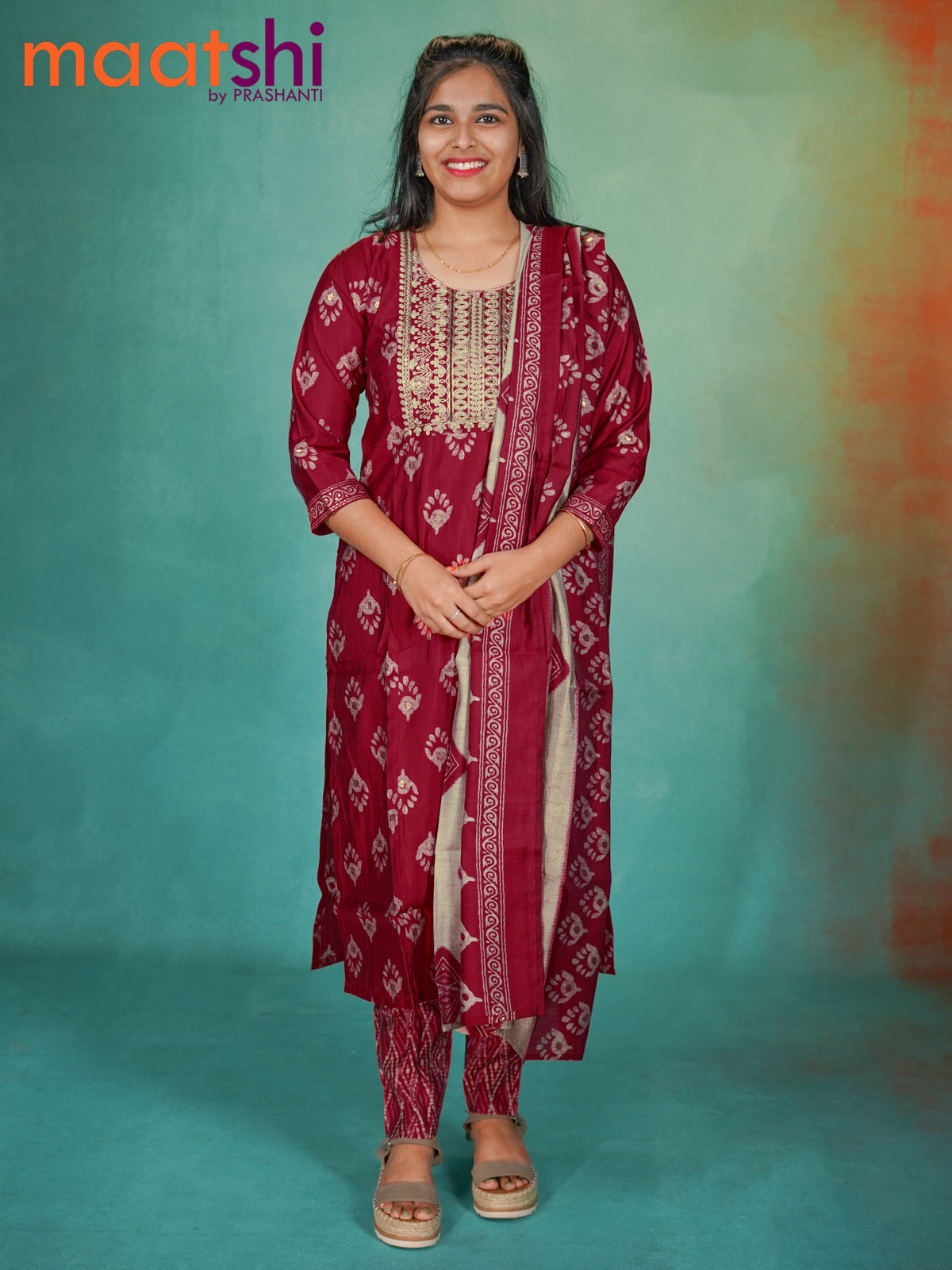 Modal readymade kurti set red with allover prints & embroidery work neck pattern and straight cut pant & dupatta