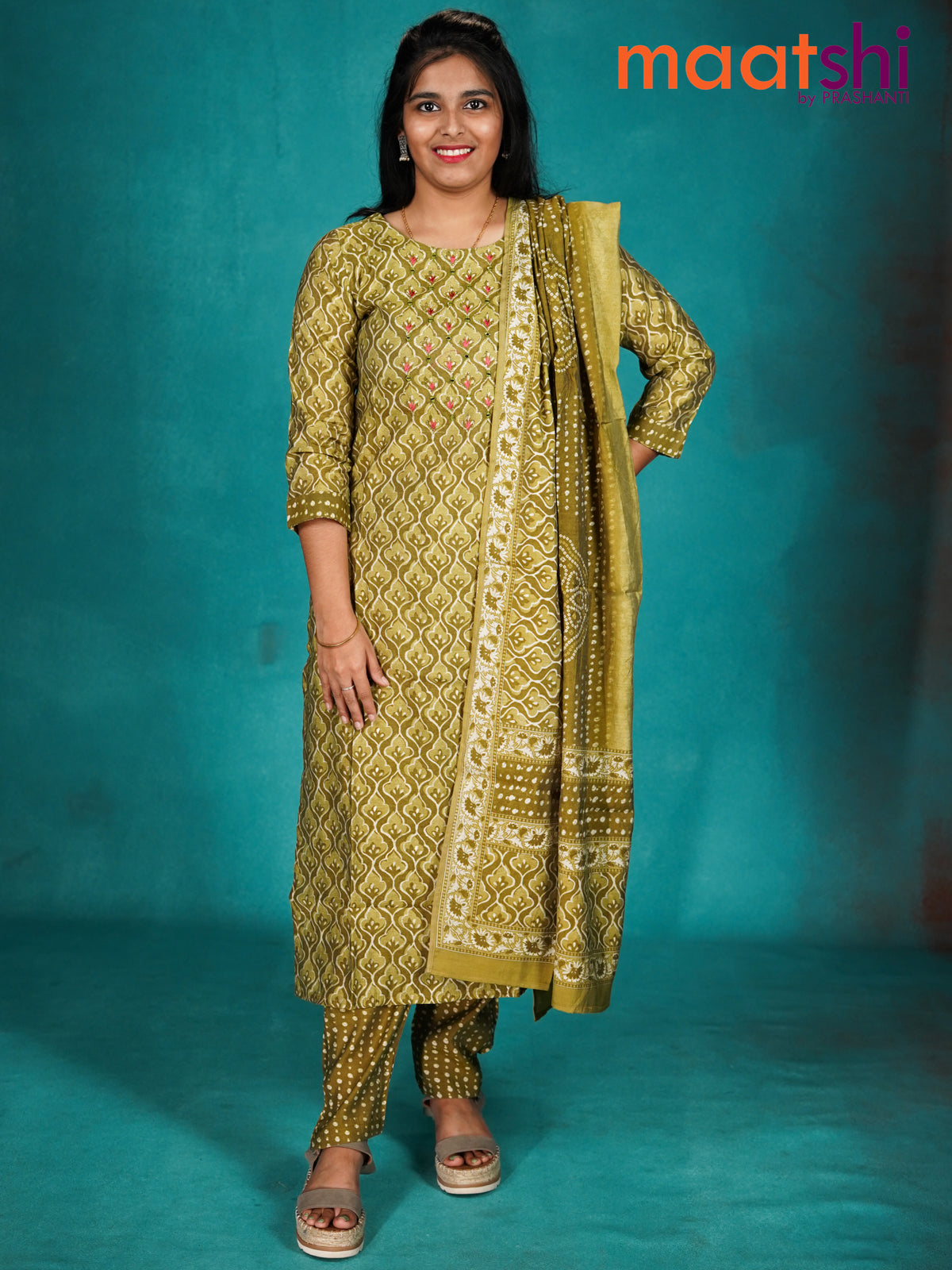 Modal readymade kurti set elaichi green and mehendi green with allover prints & mirror embroidery work neck pattern and straight cut pant & dupatta