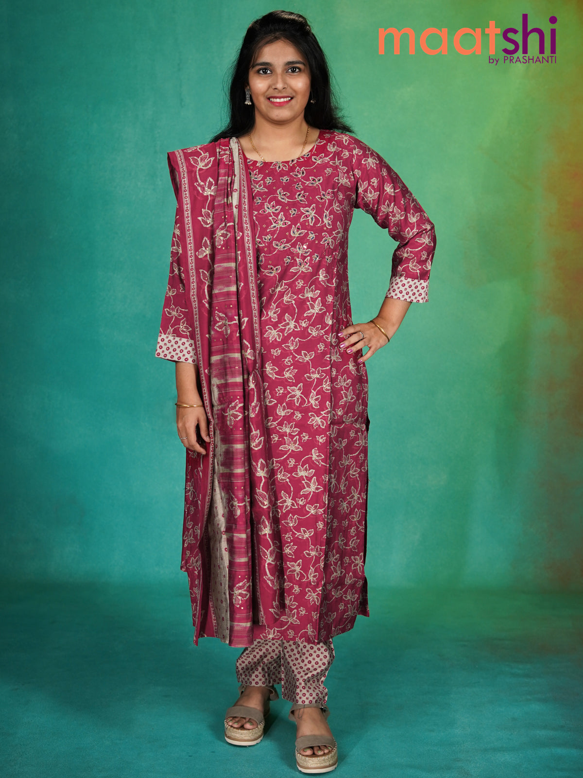 Modal readymade kurti set dark pink and grey shade with allover floral batik prints & mirror embroidery work neck pattern and straight cut pant & dupatta