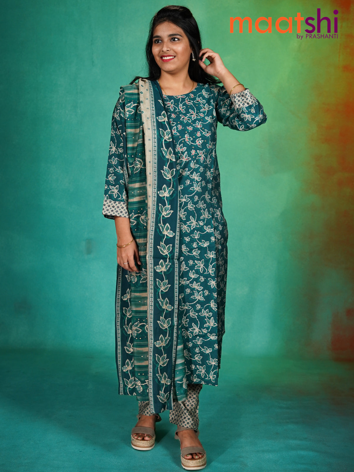 Modal readymade kurti set peacock blue and grey shade with allover floral batik prints & mirror embroidery work neck pattern and straight cut pant & dupatta