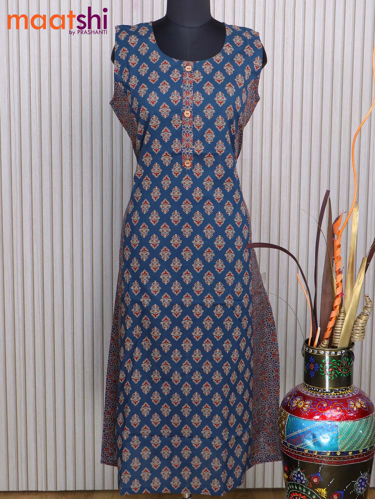 Cotton readymade A-line kurti dark blue with allover butta prints & simple neck pattern without pant - sleeve attached