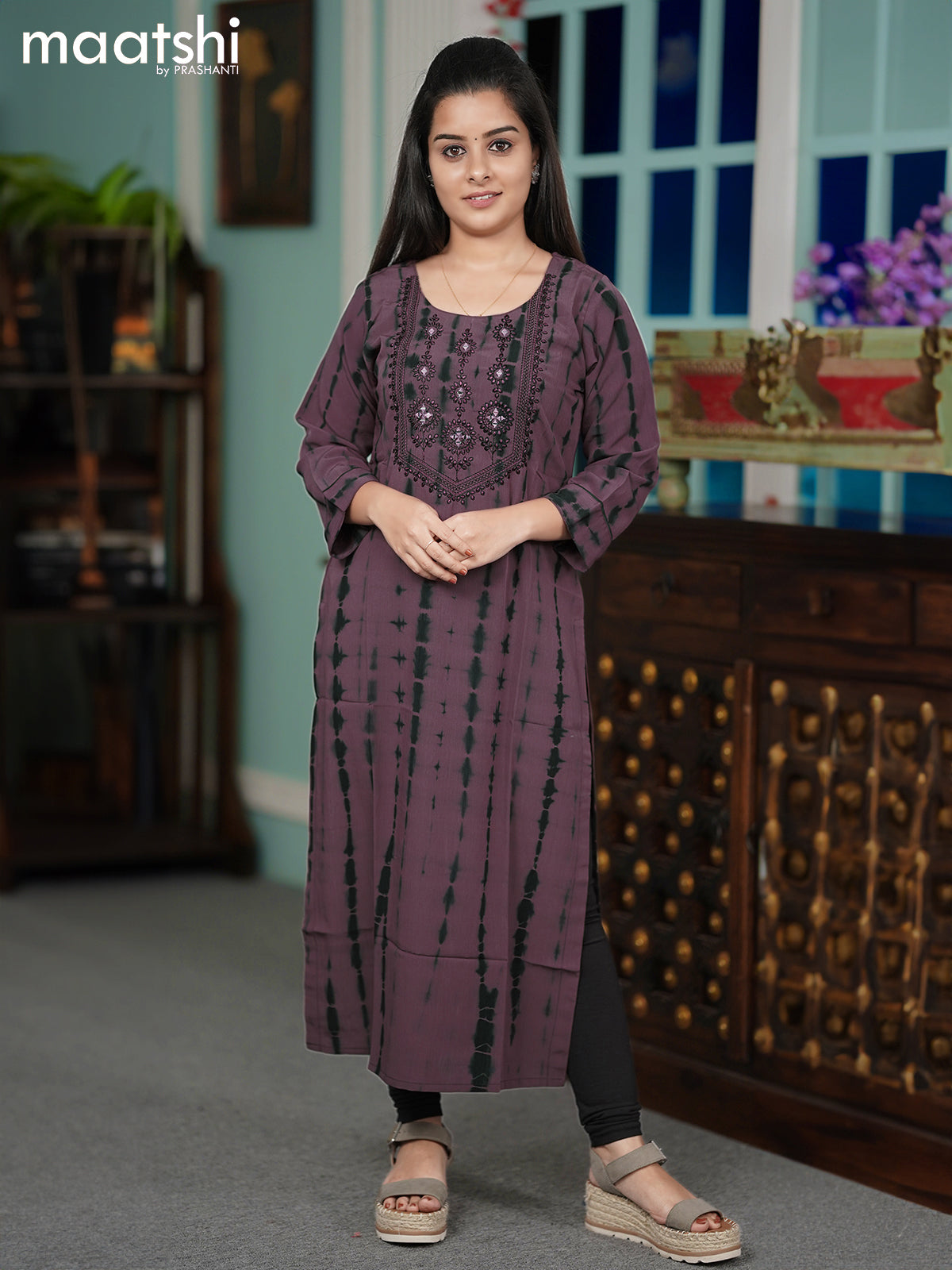 Chiffon readymade kurti wine shade and  with tie & dye prints embroidery mirror work neck pattern without pant