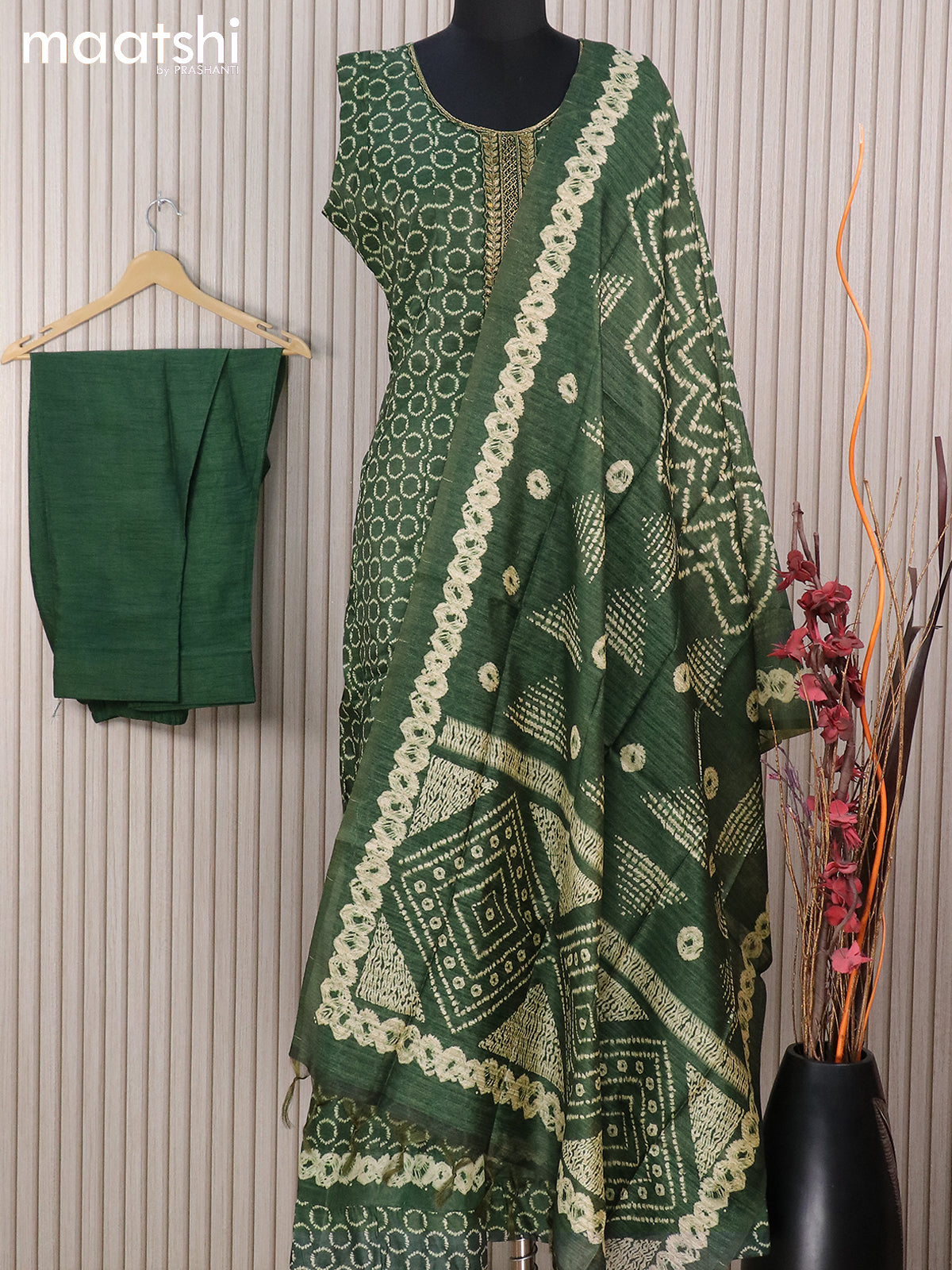 Raw silk readymade anarkali suit bottle green and  with geometric batik butta prints & embroidery zardosi work neck design and straight cut pant & printed dupatta
