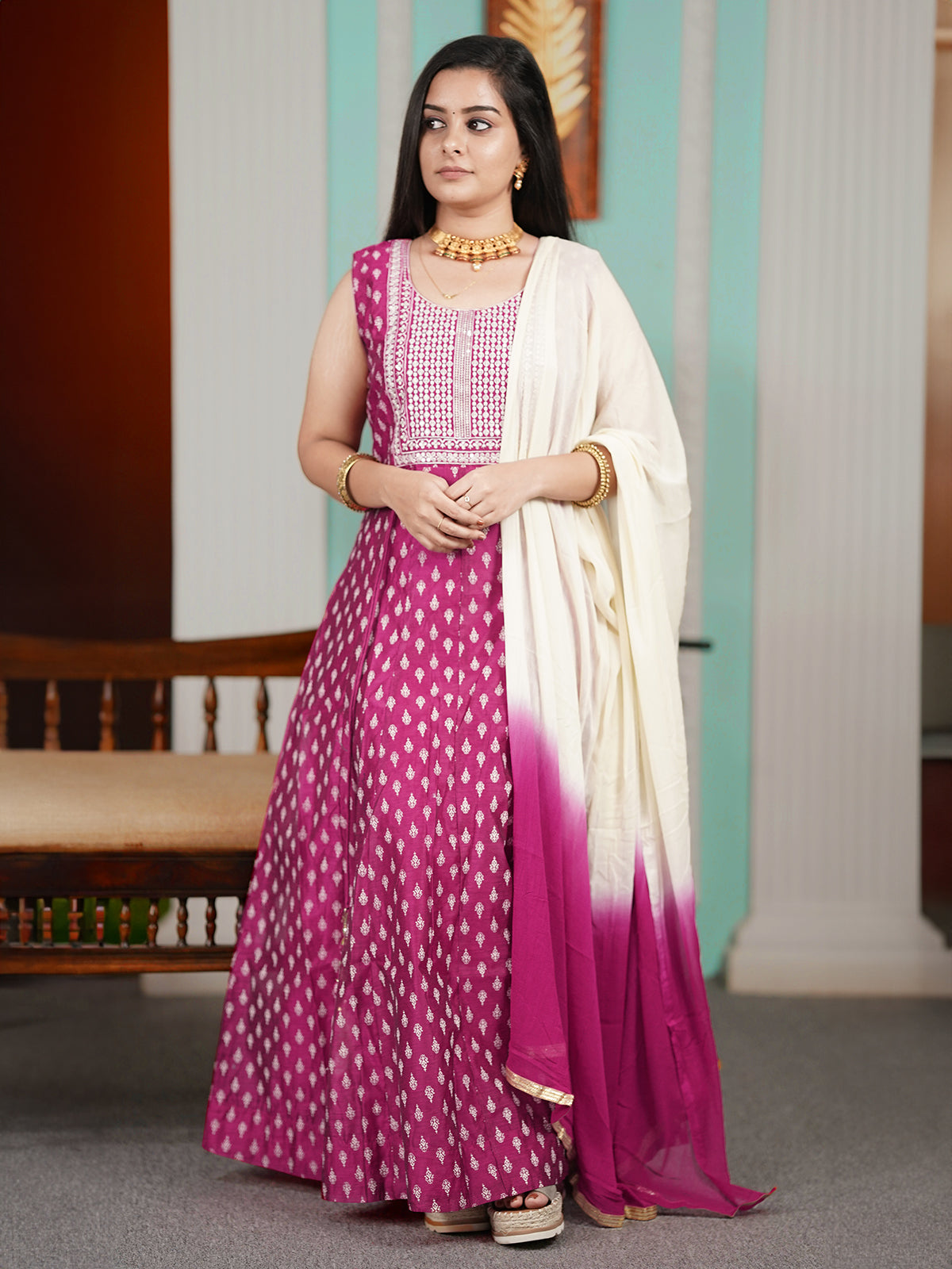 Chanderi readymade anarkali suits pink and sandal with butta prints & embroidery sequin work neck pattern and straight cut pant & chiffon dupatta