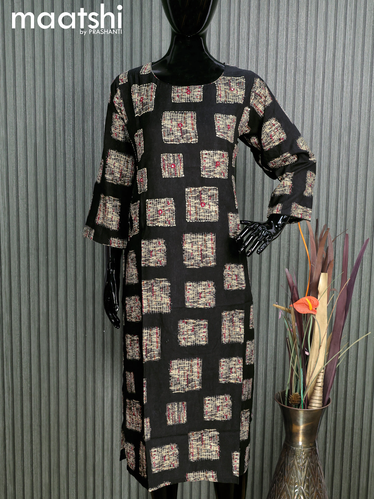 Modal readymade kurti black with allover butta prints and without pant