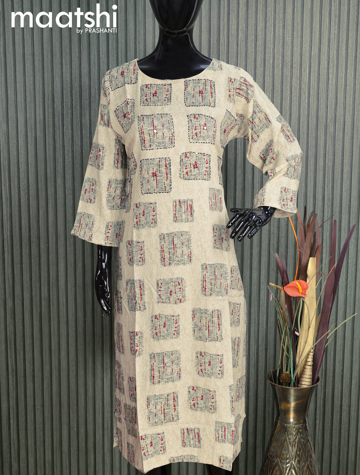 Modal readymade kurti beige with allover butta prints and without pant