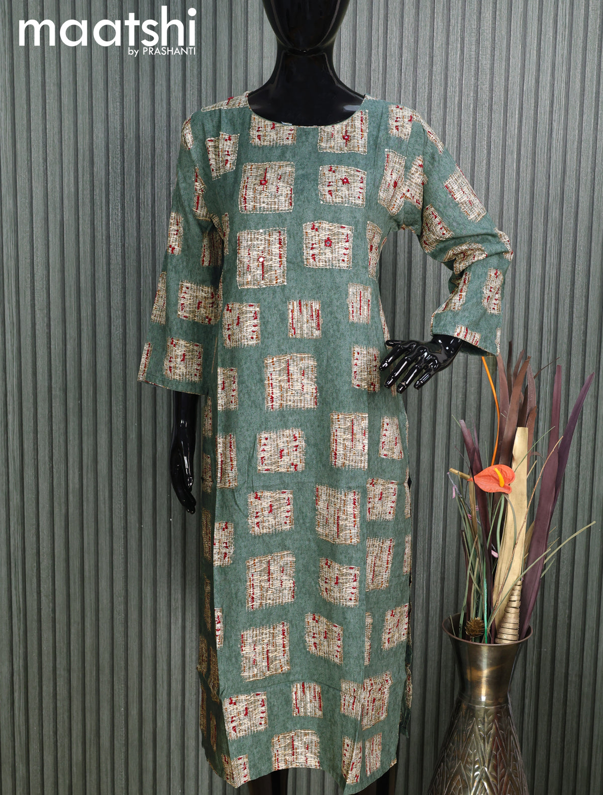 Modal readymade kurti greyish green with allover butta prints and without pant