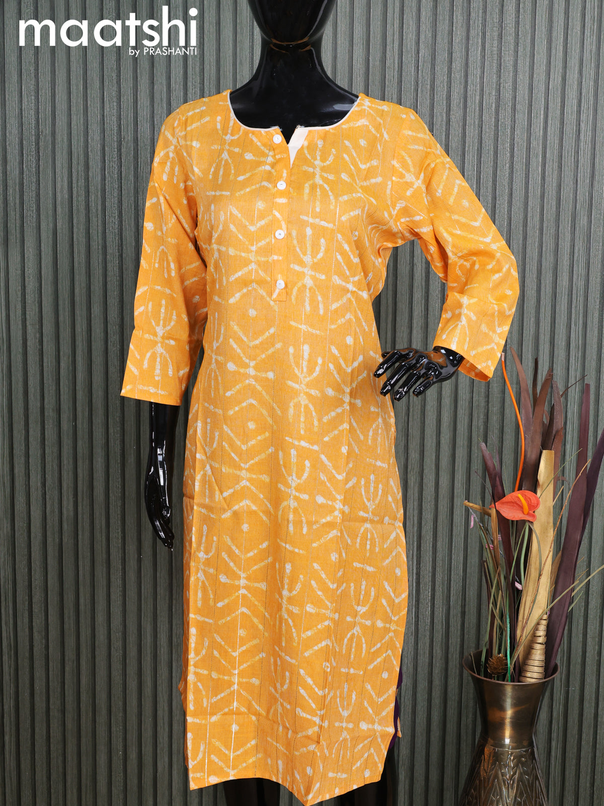 Cotton readymade kurti mustard yellow with allover batik prints and without pant