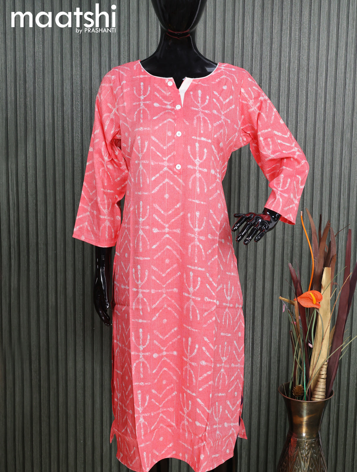 Cotton readymade kurti pink with allover batik prints and without pant