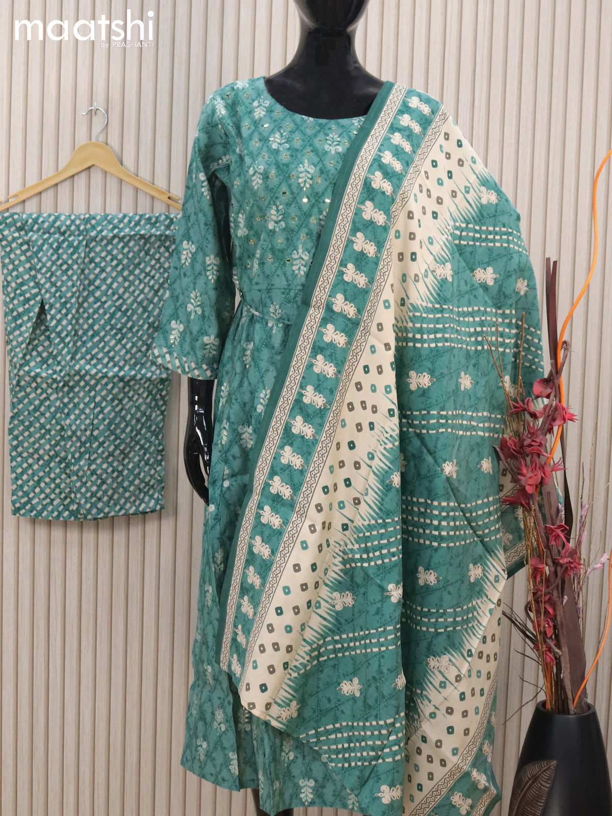 Modal readymade salwar suit teal green shade with allover butta prints & mirror work and straight cut pant & dupatta