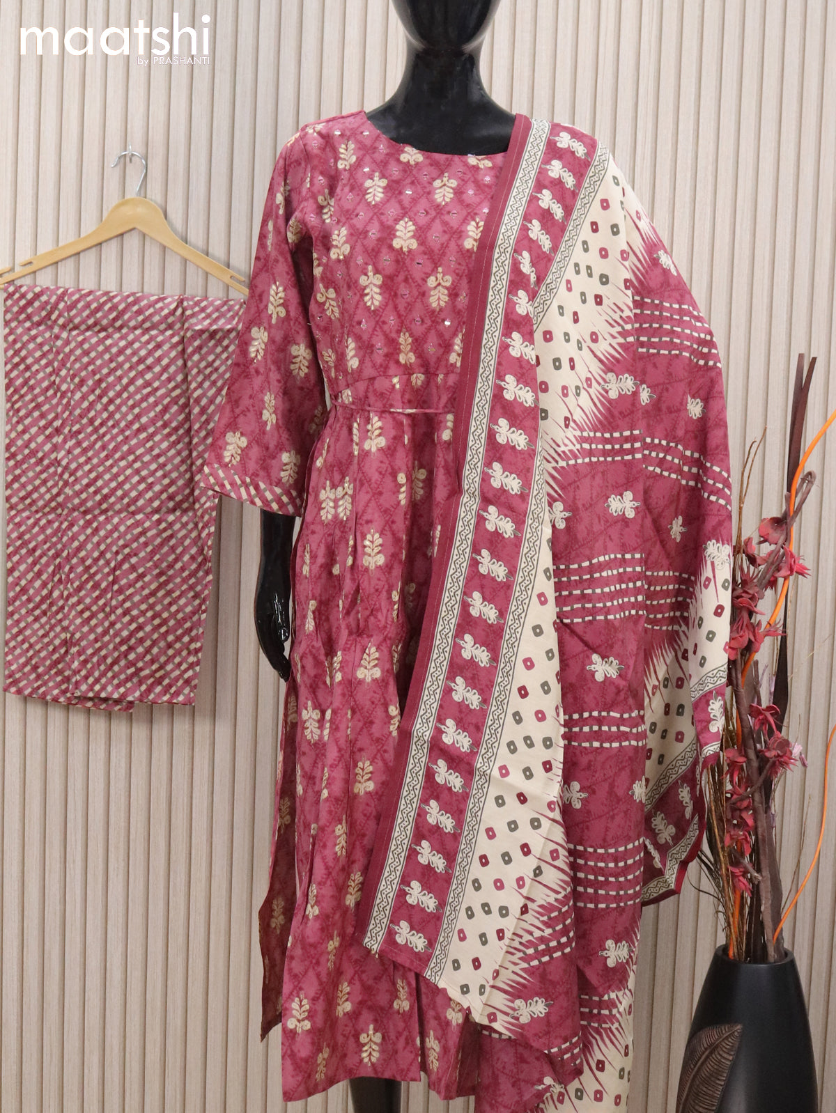 Modal readymade salwar suit pastel maroon shade with allover butta prints & mirror work and straight cut pant & dupatta