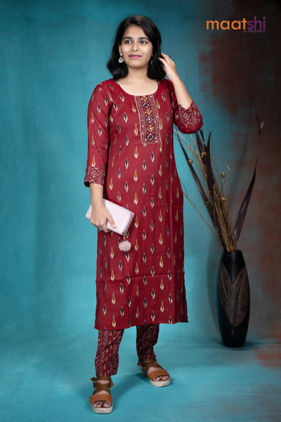 Slub cotton readymade kurti maroon with allover butta prints & gottapatti lace work neck pattern and straight cut pant