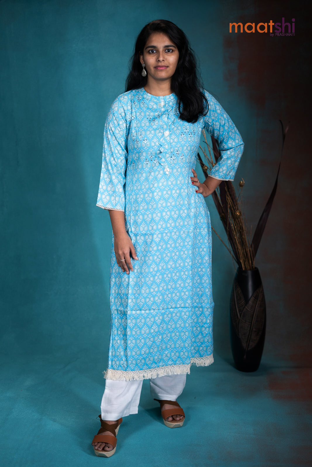 Cotton readymade kurti light blue with allover prints & simple neck pattern without pant