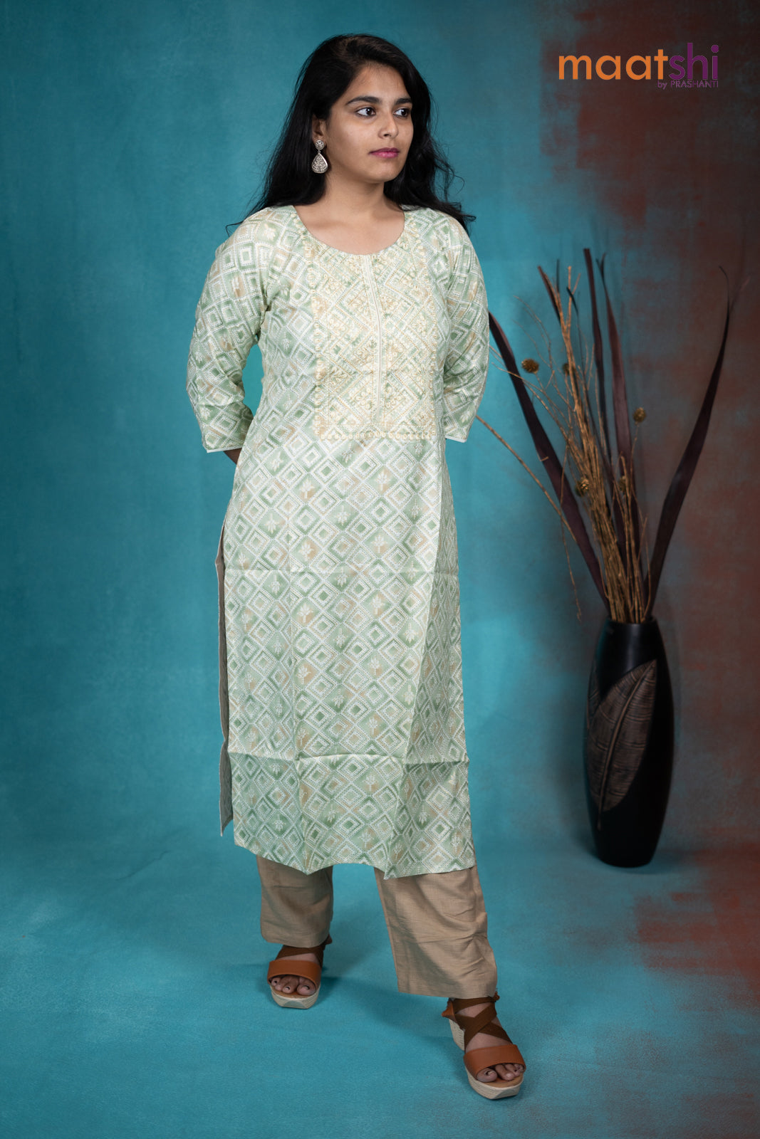 Slub cotton readymade kurti pastel green with allover geometric prints & embroidery neck pattern without pant