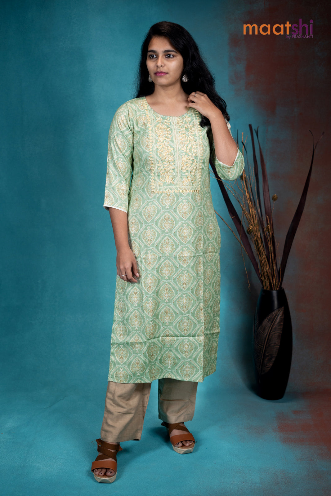 Slub cotton readymade kurti pastel green with allover prints & embroidery neck pattern without pant