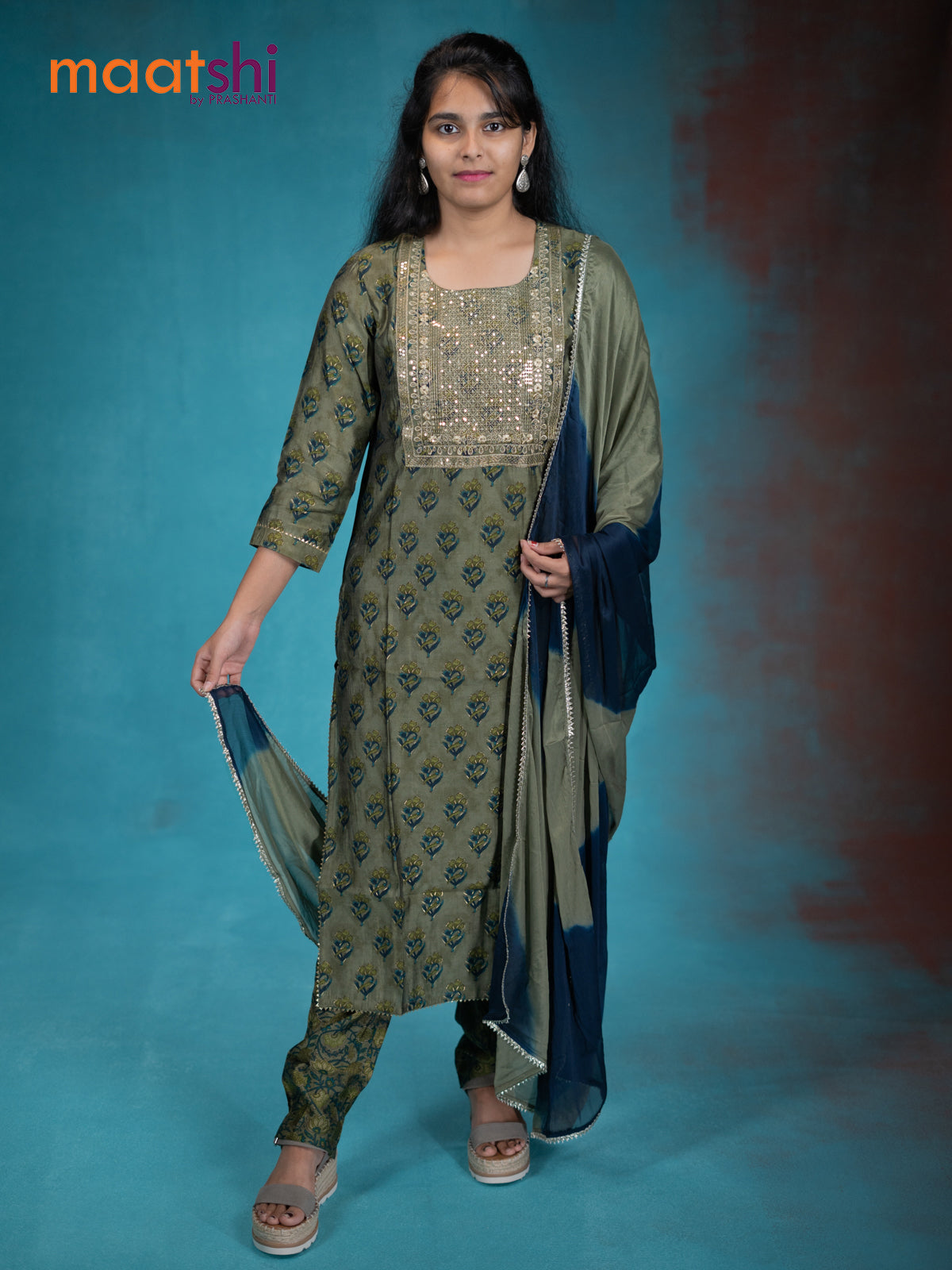 Muslin readymade kurti set olive green with allover butta prints & sequin work neck pattern and straight cut pant & gottapatti lace work dupatta