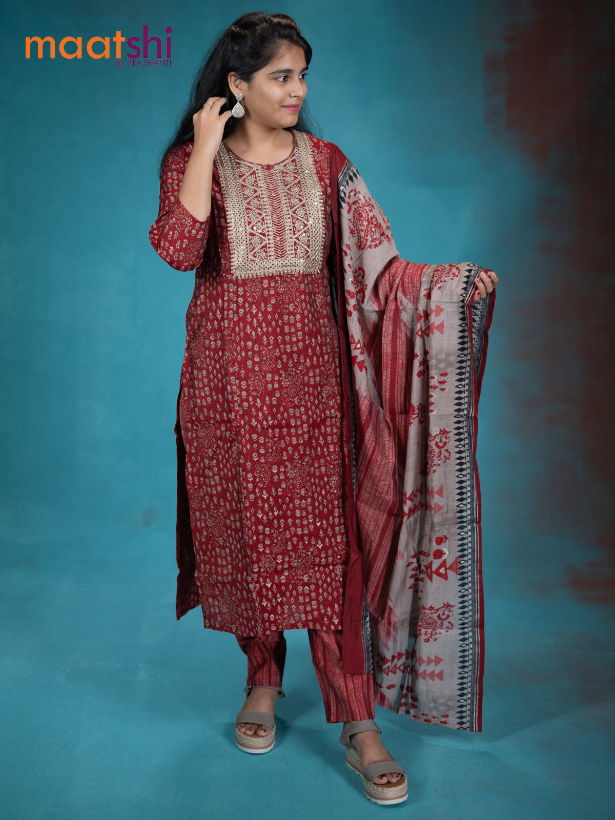 Muslin readymade kurti set red and grey shade with allover prints & embroidery neck pattern and straight cut pant & printed dupatta