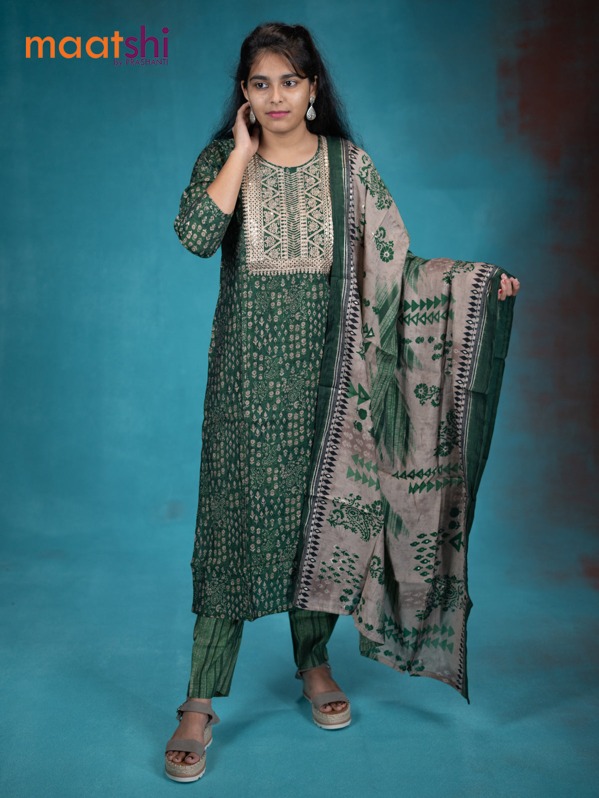 Muslin readymade kurti set green and grey shade with allover prints & embroidery neck pattern and straight cut pant & printed dupatta