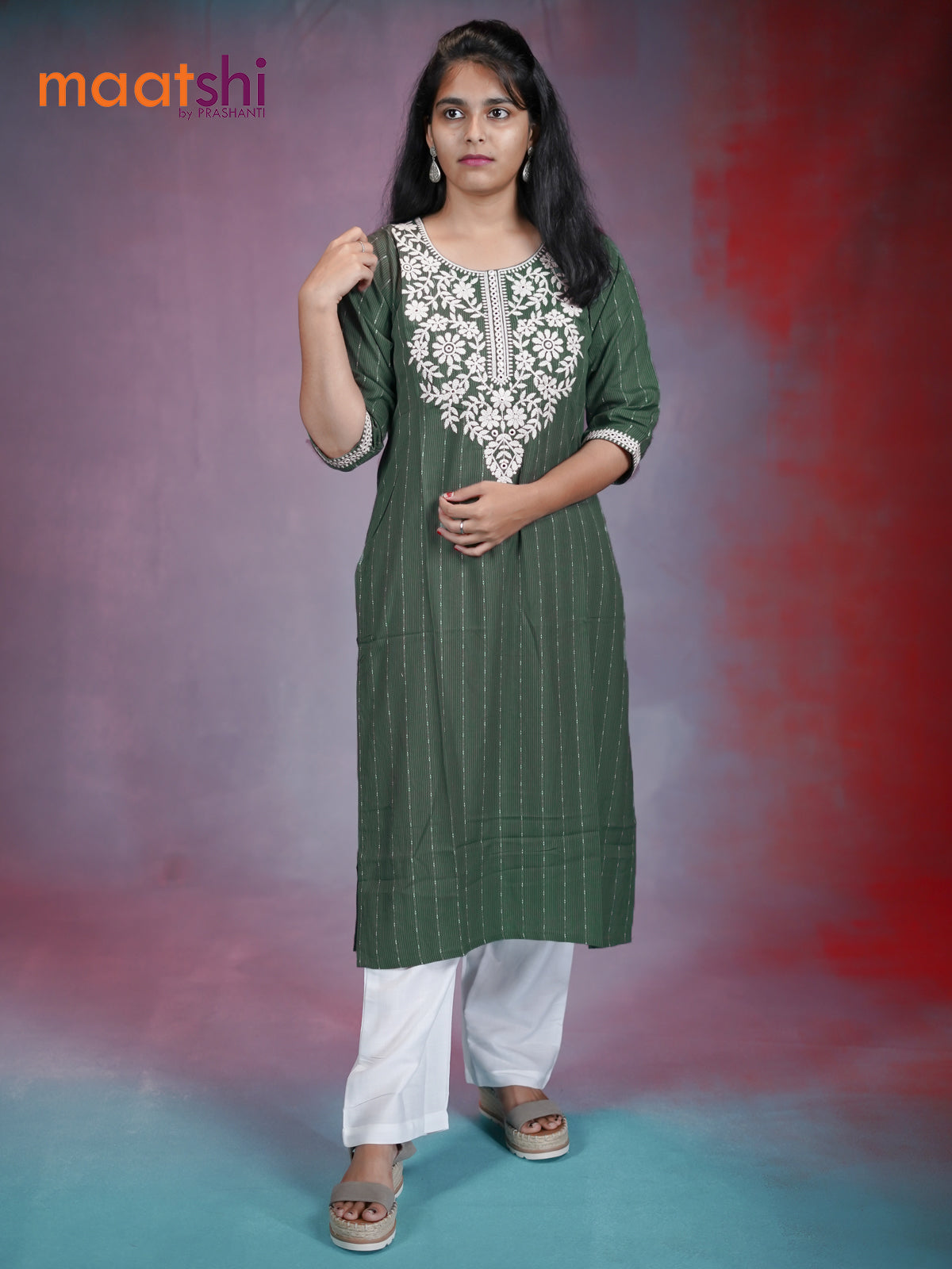 Cotton readymade kurti green with embroidery neck pattern without pant