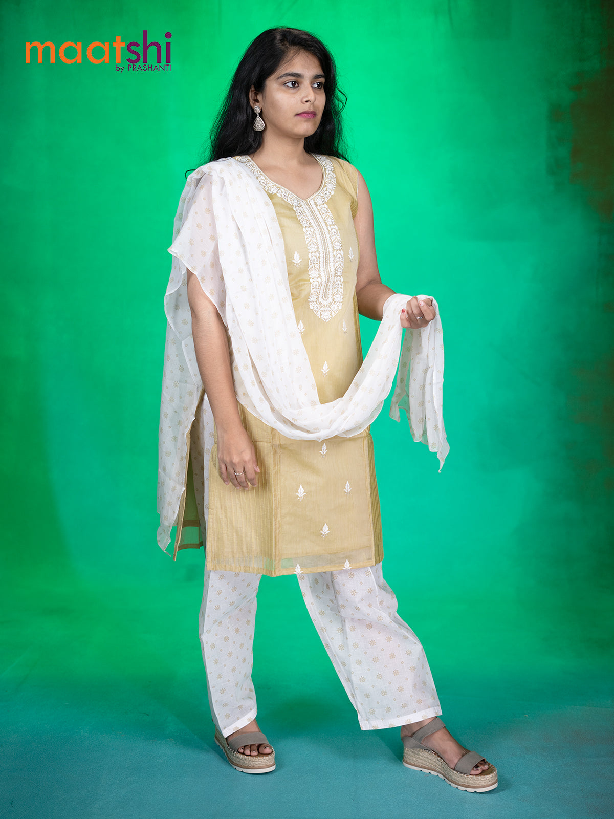 Chanderi readymade kurti set yellow shade with embroidery work neck pattern & sleeve attached and patiala pant & chiffon dupatta