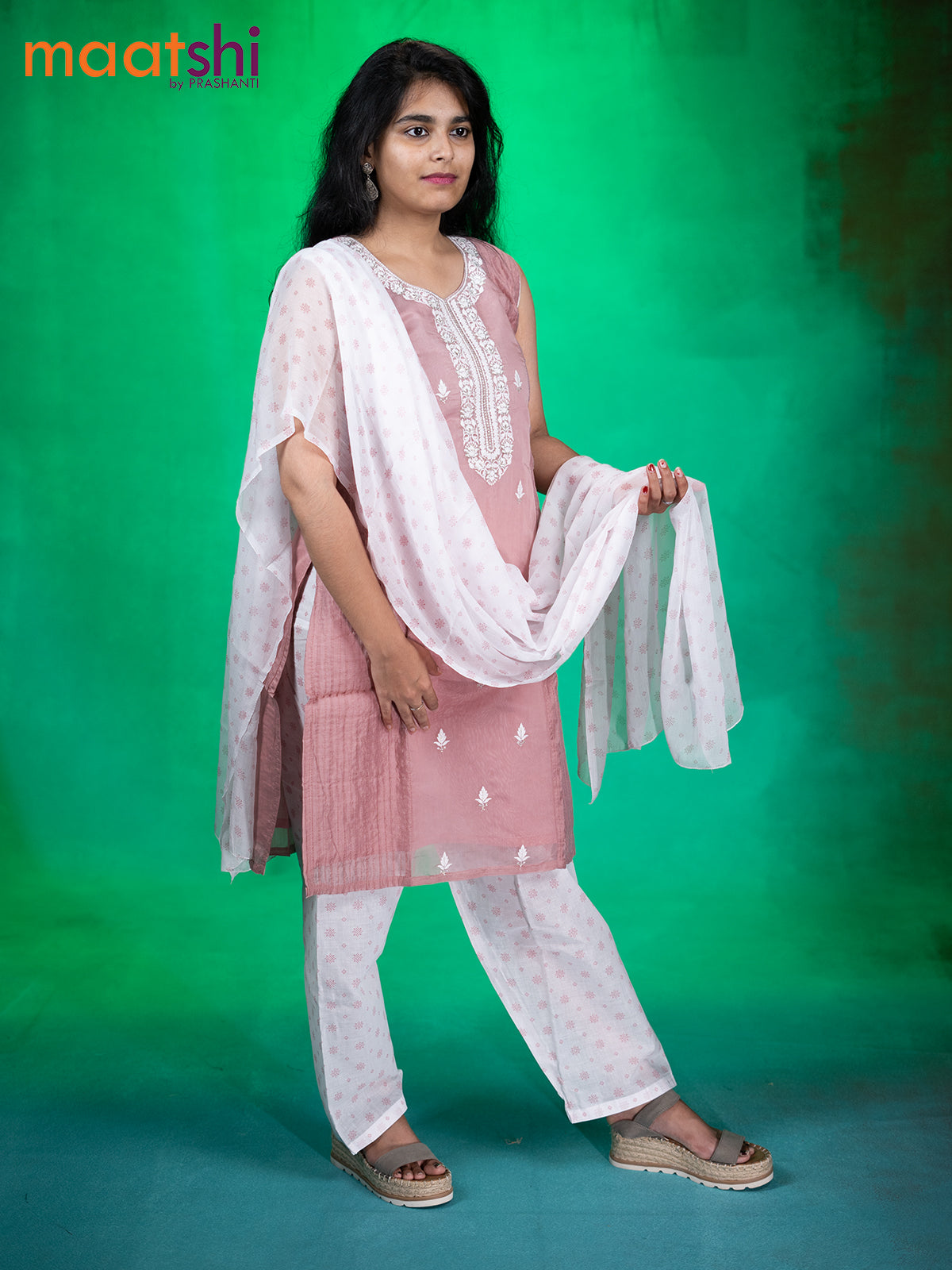 Chanderi readymade kurti set pastel pink with embroidery work neck pattern & sleeve attached and patiala pant & chiffon dupatta