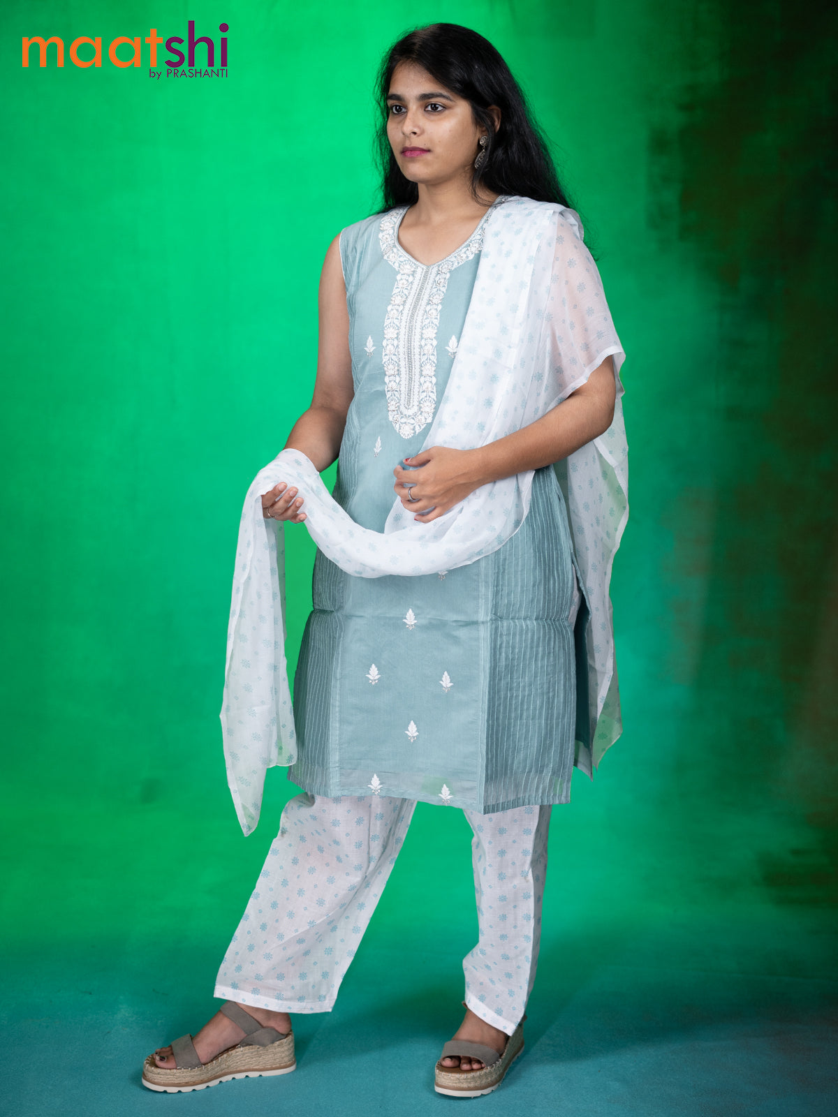 Chanderi readymade kurti set pastel blue with embroidery work neck pattern & sleeve attached and patiala pant & chiffon dupatta