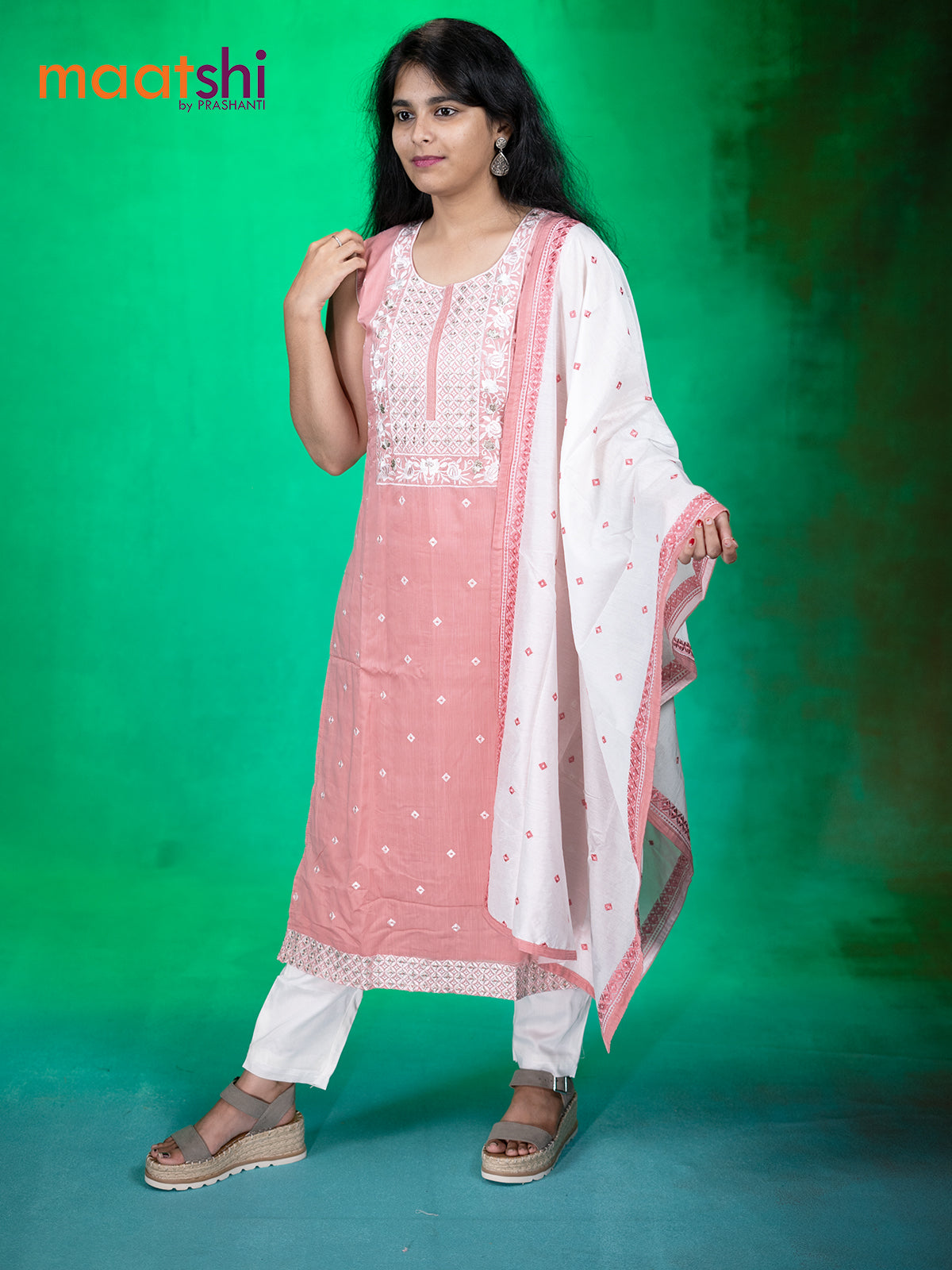 Chanderi readymade kurti set peach pink with embroidery neck pattern & sleeve attached and straight cut pant & embroided dupatta