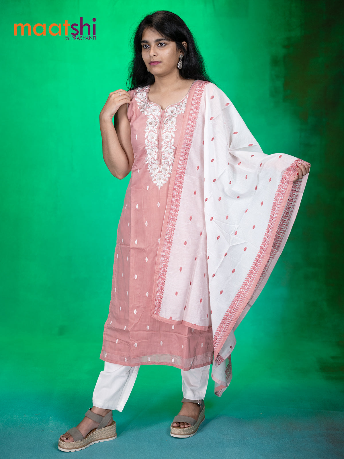 Chanderi readymade kurti set peach pink with embroidery neck pattern & sleeve attached and straight cut pant & embroided dupatta