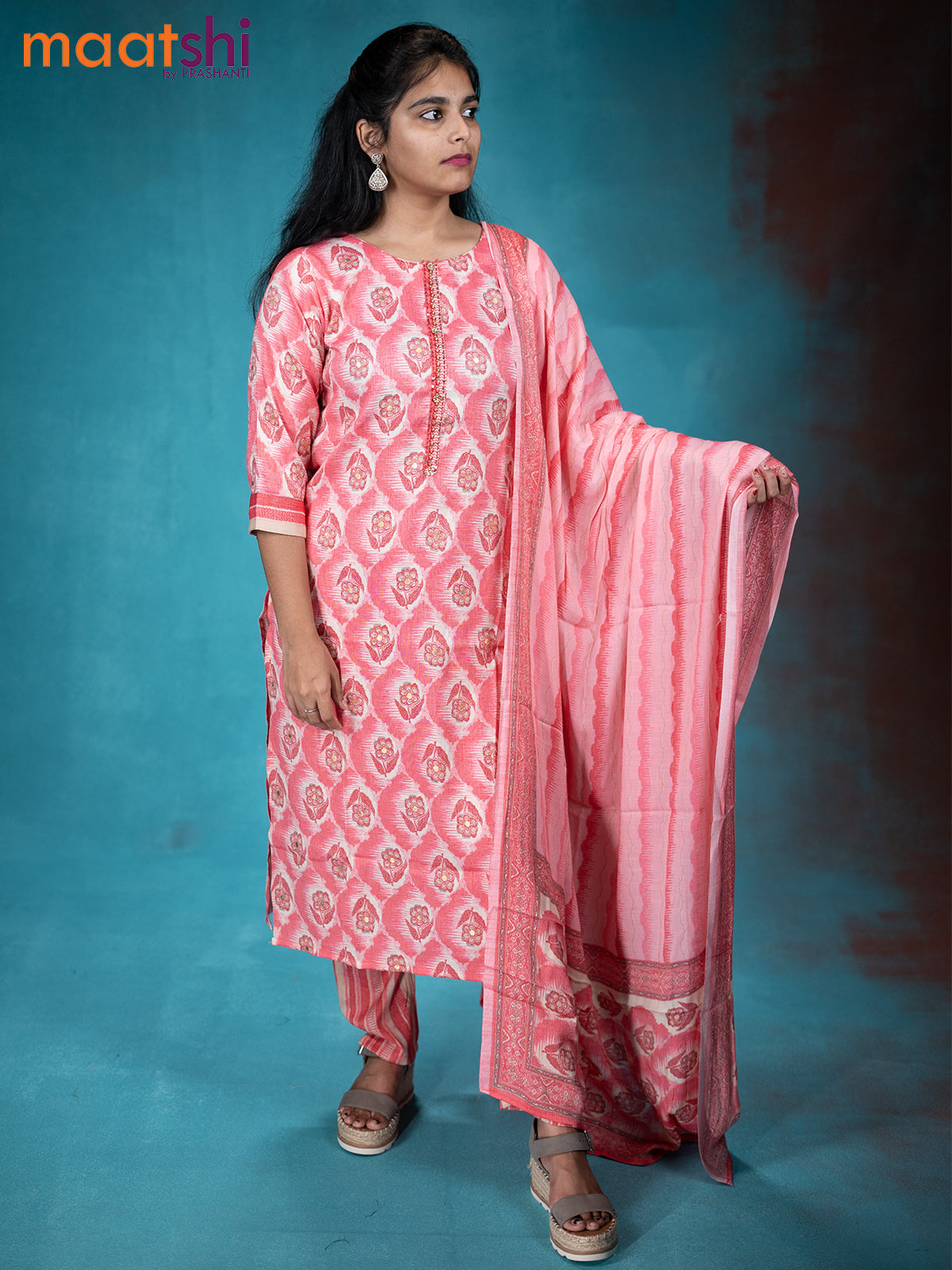 Slub cotton readymade kurti set pink shade with allover prints & simple neck pattern and straight cut pant & printed dupatta