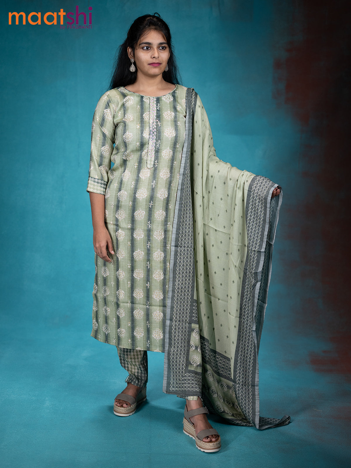 Slub cotton readymade kurti set pastel green with allover prints & simple neck pattern and straight cut pant & printed dupatta