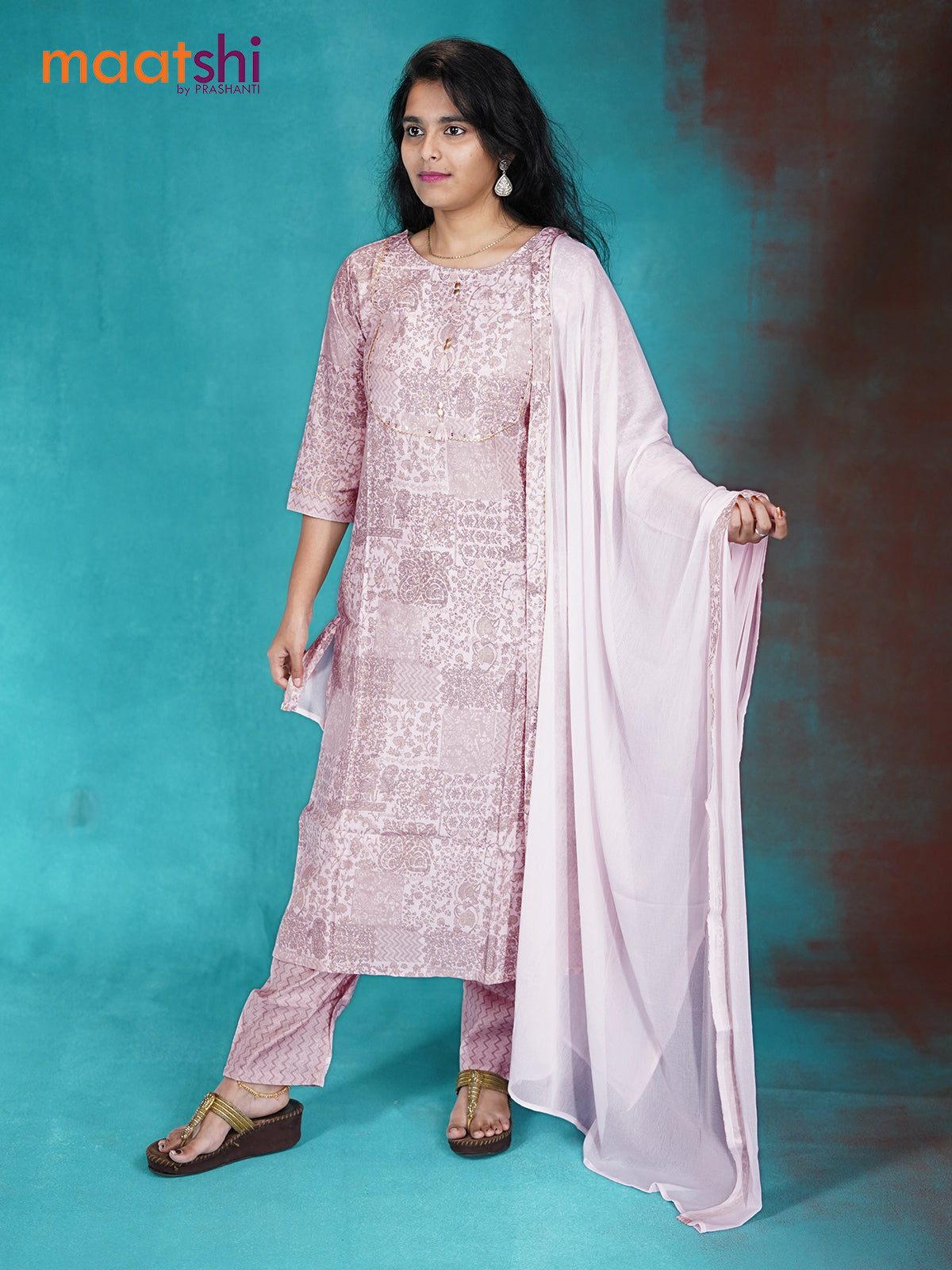 Muslin readymade kurti set pastel pink with allover prints & gottapatti lace work neck pattern and straight cut pant & printed dupatta