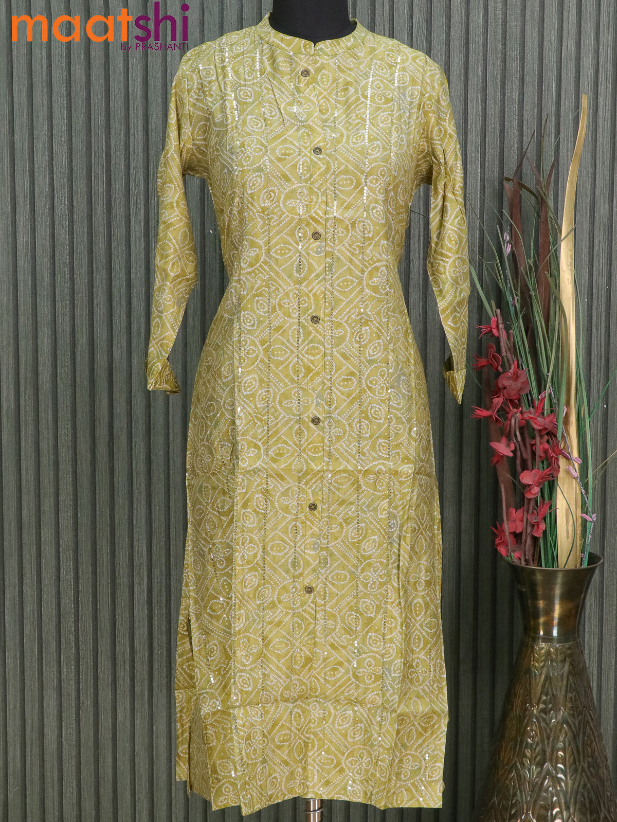 Muslin readymade kurti lime green with allover bandhani prints & sequin work without pant