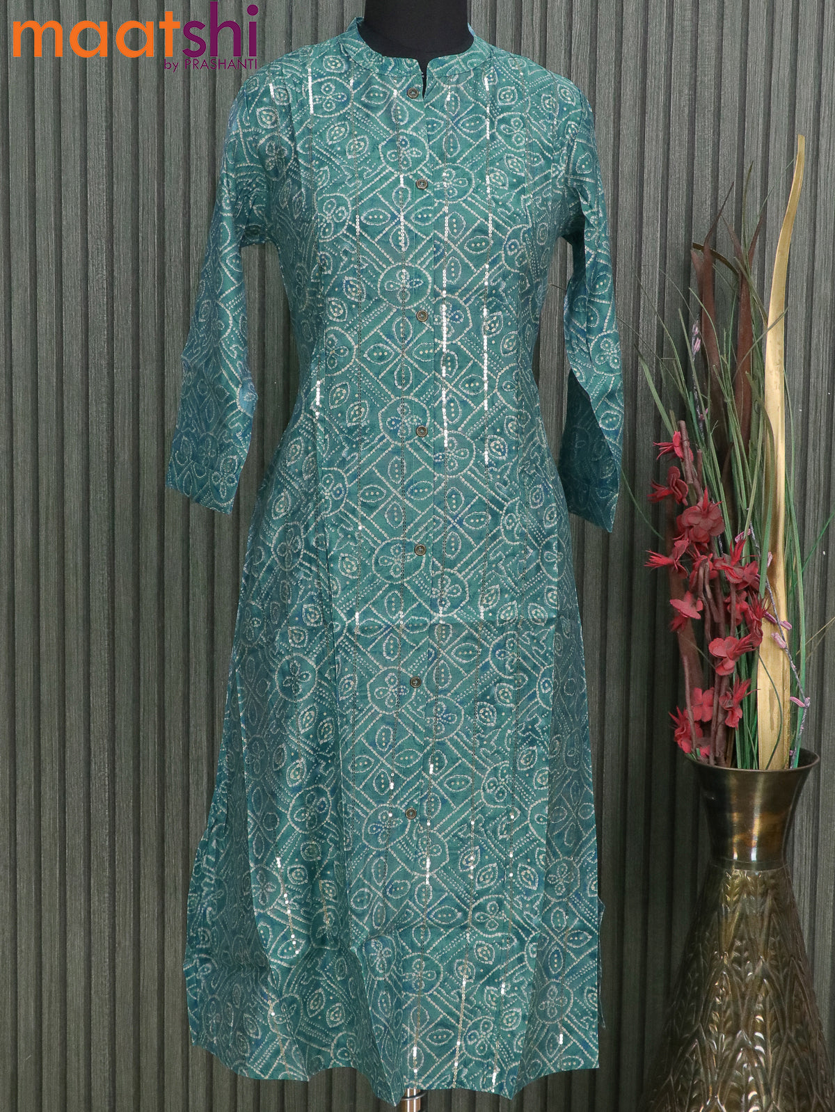 Muslin readymade kurti pastel blue with allover bandhani prints & sequin work without pant