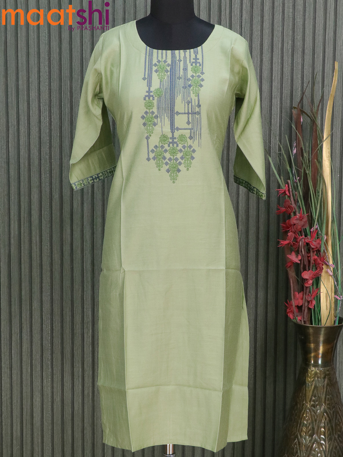 Cotton readymade kurti pastel green with embroidery neck pattern without pant