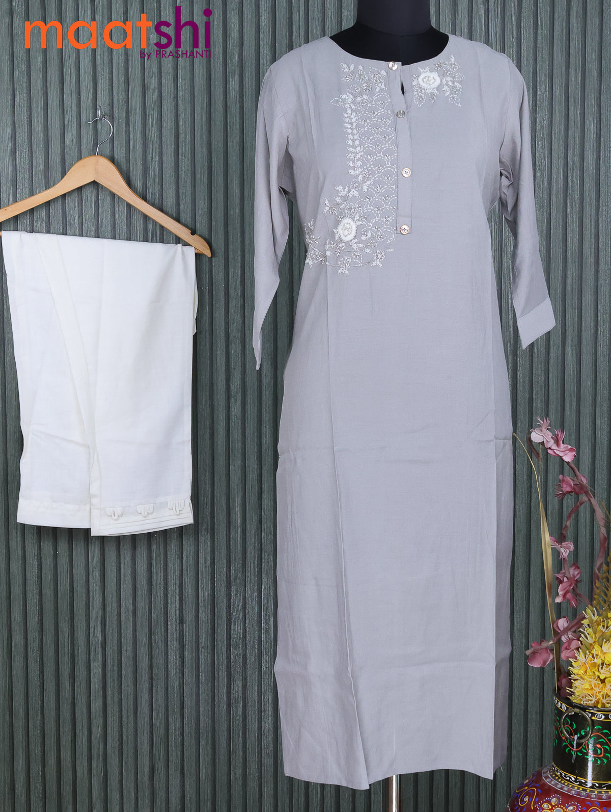 Chanderi readymade kurti grey and off white with embroided & beaded work neck pattern and straight cut pant