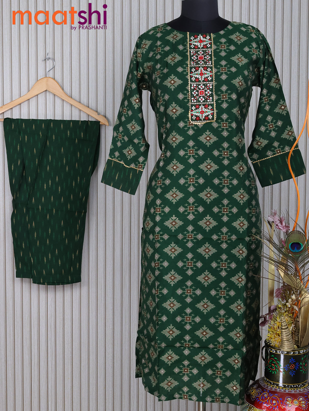 Muslin readymade kurti dark green with allover prints & embroided neck pattern and straight cut pant