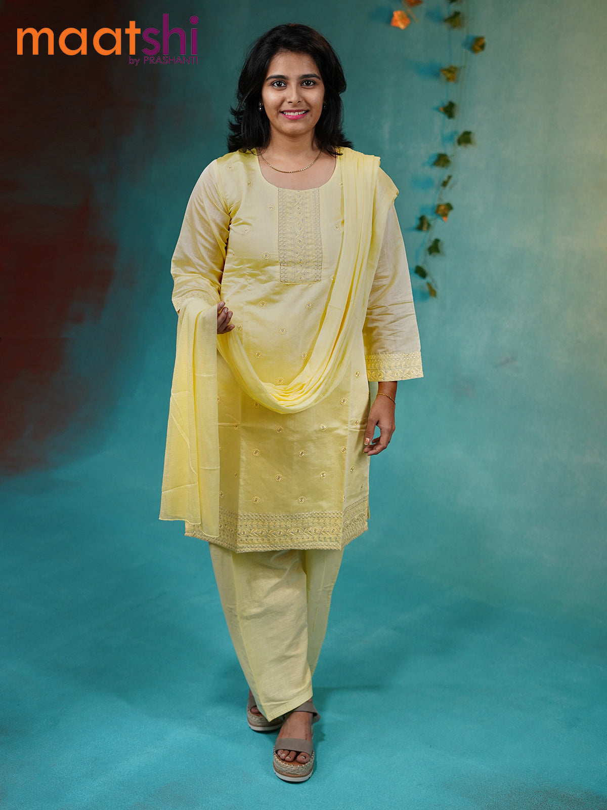 Chanderi readymade kurti set pale yellow with allover embroidery work neck pattern and straight cut pant & chiffon dupatta Chanderi