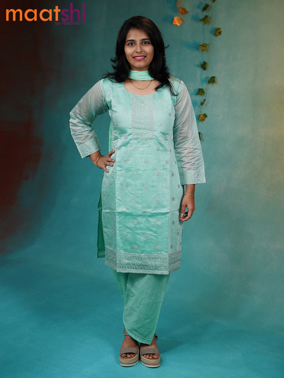 Chanderi readymade kurti set teal green with allover embroidery work neck pattern and straight cut pant & chiffon dupatta Chanderi