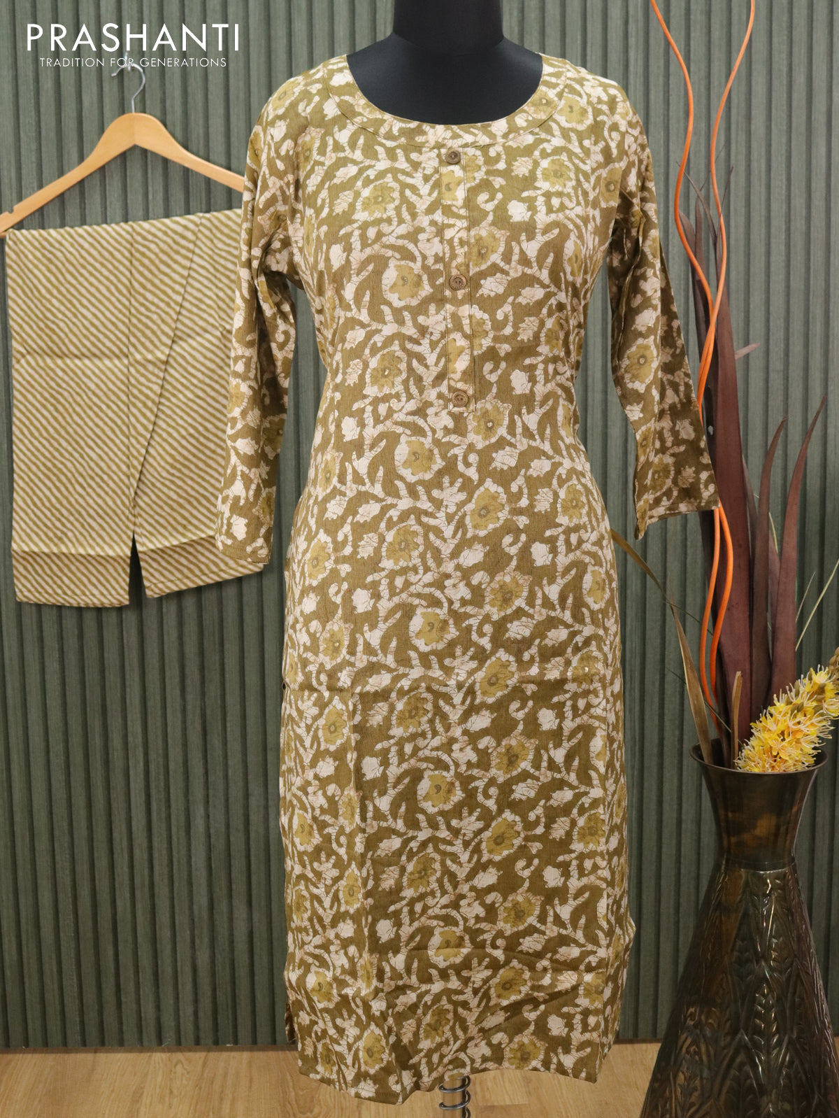 Slub cotton readymade kurti olive green and beige with allover batik prints and straight cut pant