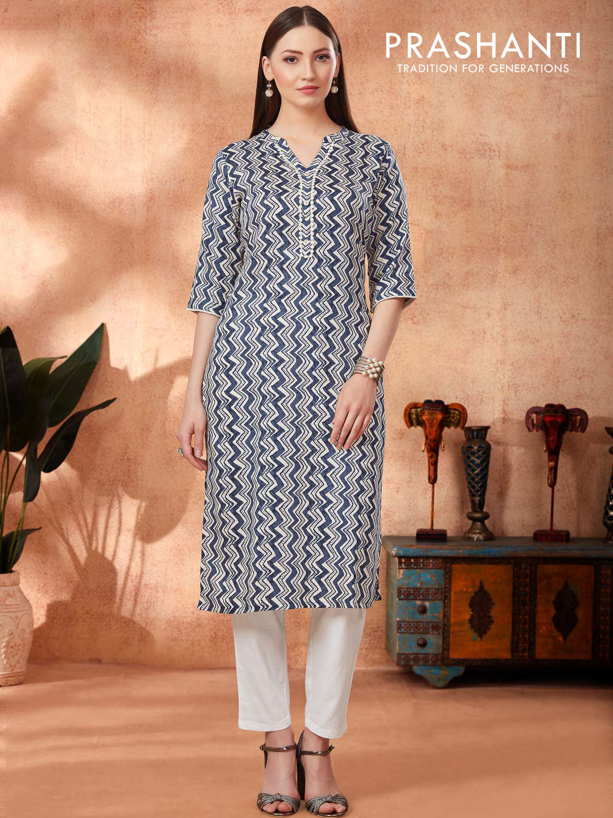 Modal readymade kurti off white and blue with allove zig zag weaves & croatia lace nack pattern without pant