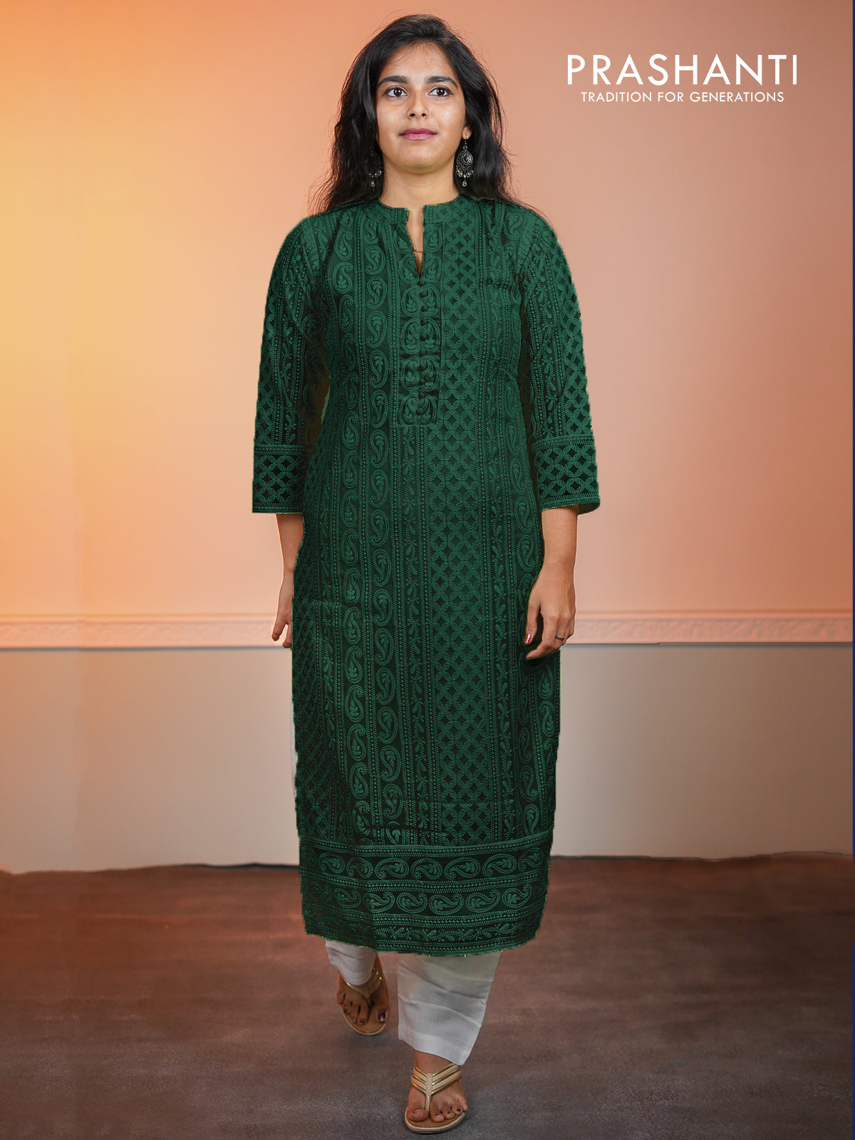 Semi georgette readymade kurti dark green with chikankari work without pant