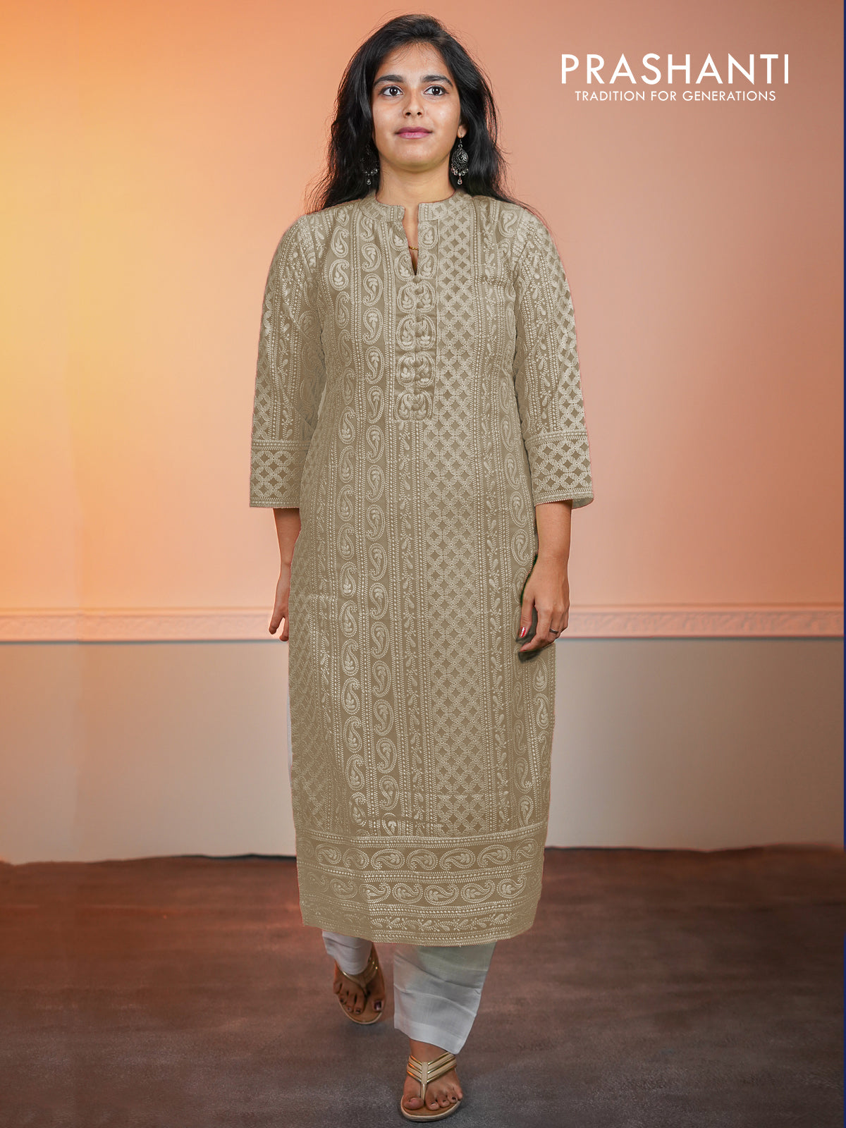 Semi georgette readymade kurti beige with chikankari work without pant