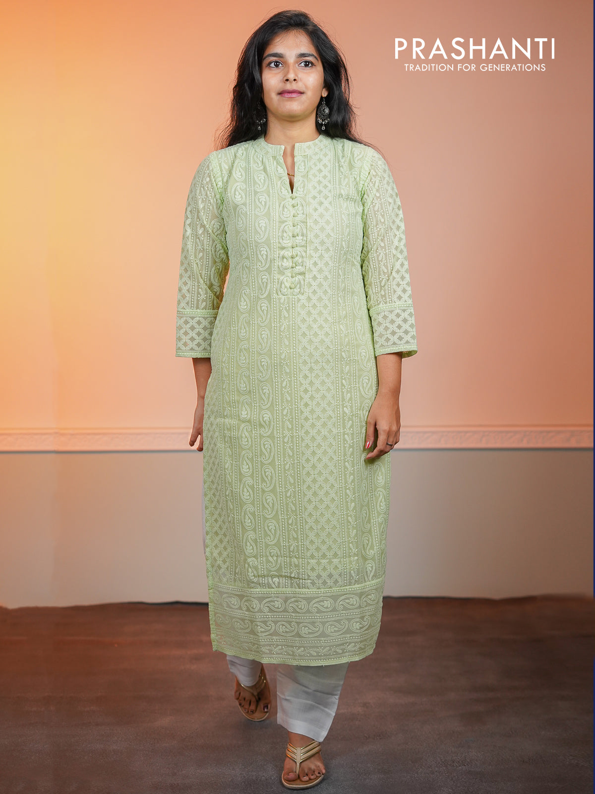 Semi georgette readymade kurti pista green with chikankari work without pant