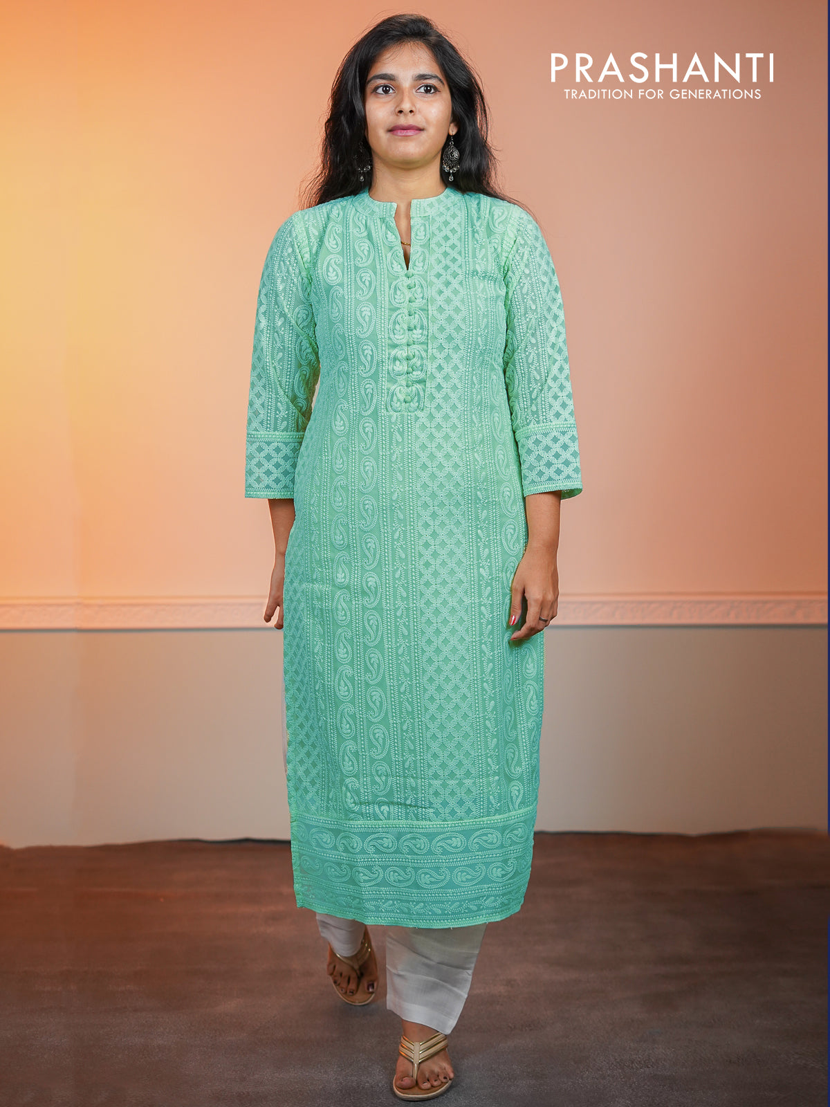 Semi georgette readymade kurti teal blue with chikankari work without pant