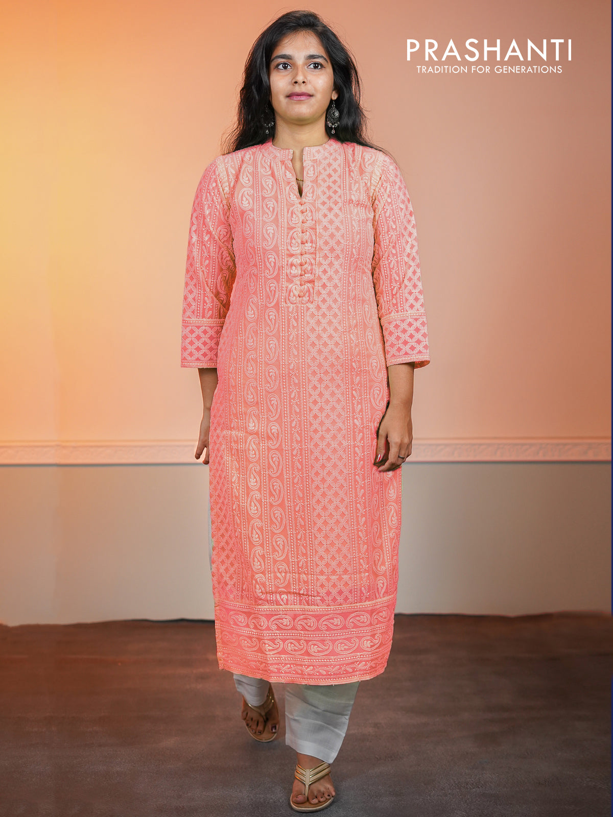 Semi georgette readymade kurti peach pink with chikankari work without pant