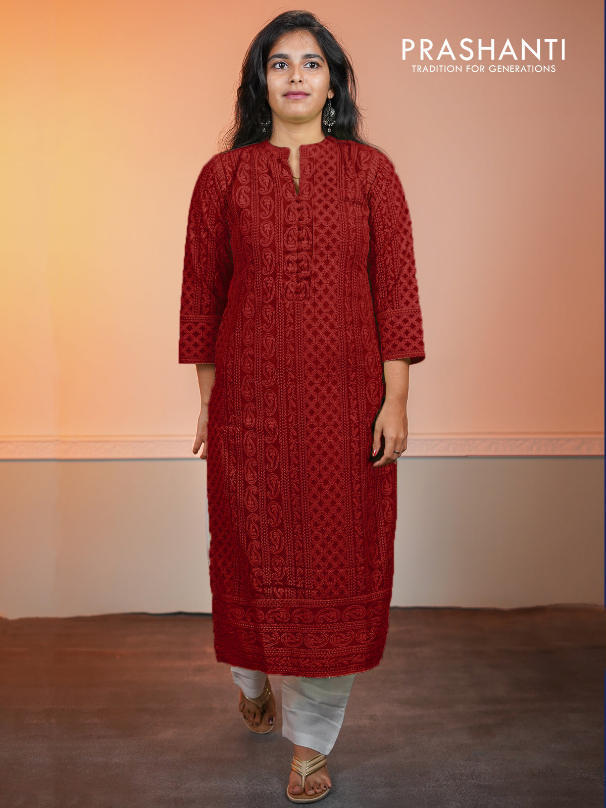 Semi georgette readymade kurti red with chikankari work without pant