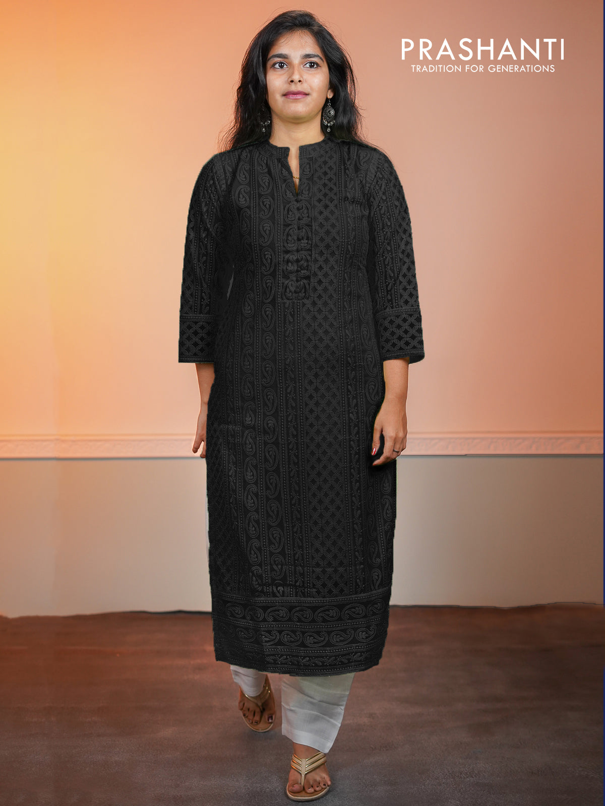 Semi georgette readymade kurti black with chikankari work without pant