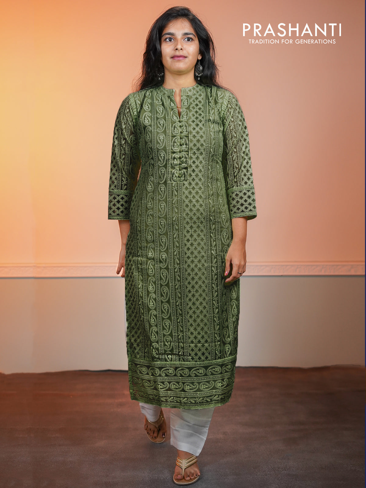 Semi georgette readymade kurti sap green with chikankari work without pant