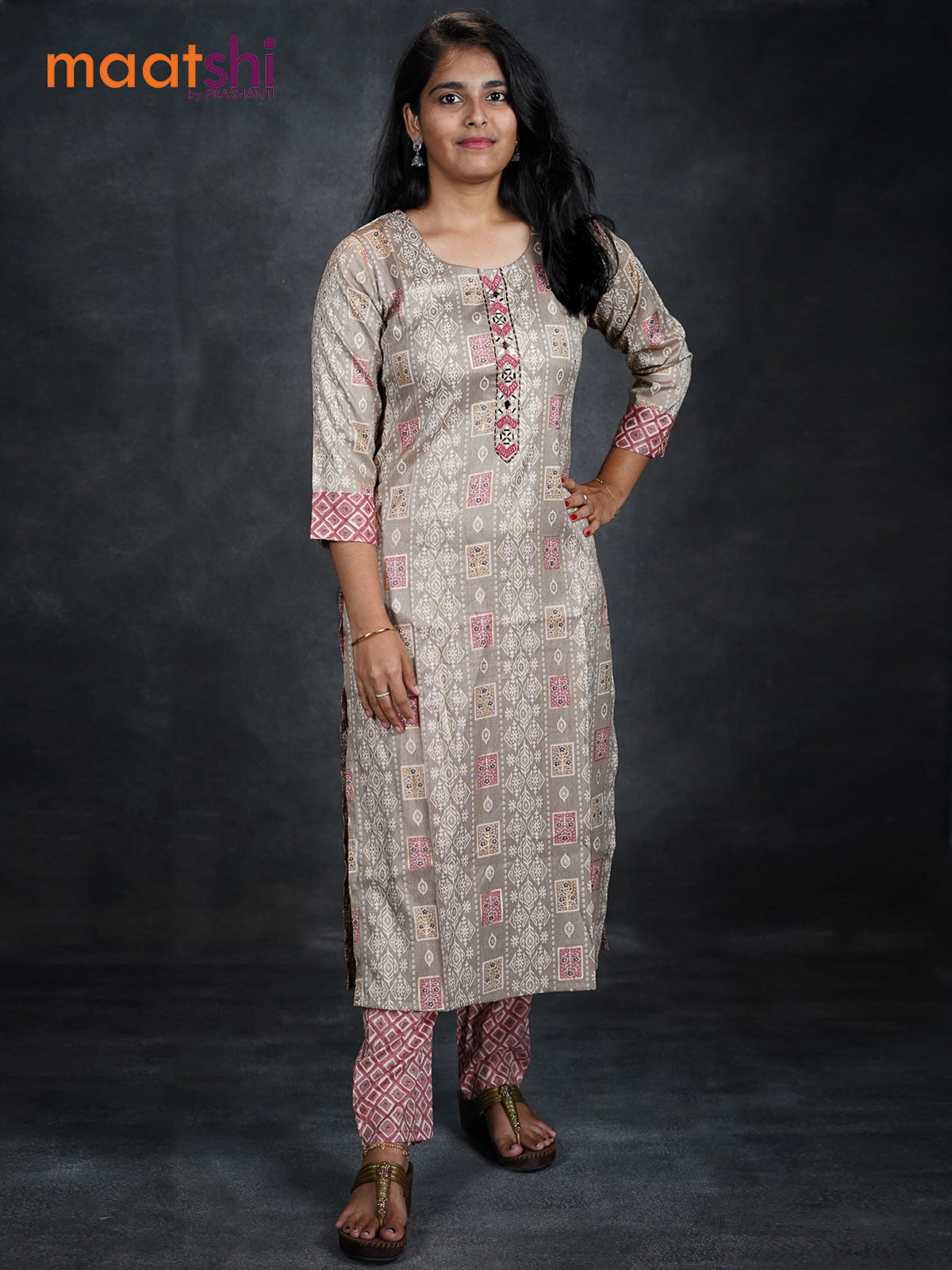 Slub cotton reaymade kurti beige and maroon with allover prints & mirror embroided neck pattern and straight cut pant